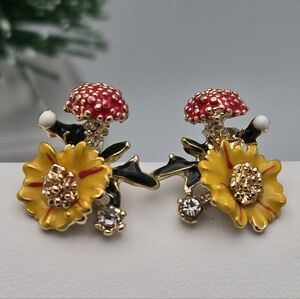 Sterling Silver 925 Stud Earrings Whimsical Red Mushroom & Yellow Flower Crystal